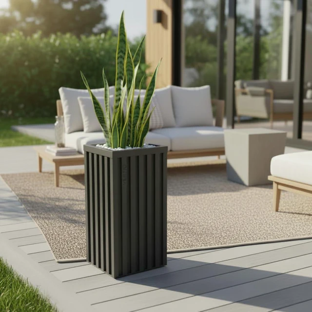 Main image of Hassyee Square Grove Column Planter with Internal Tray and Wood-Like Surface for Backyard, Lawn, Outdoor Flower Pot with Lightweight Aluminum Frame for Growing Flowers, Plants (Dark Brown)