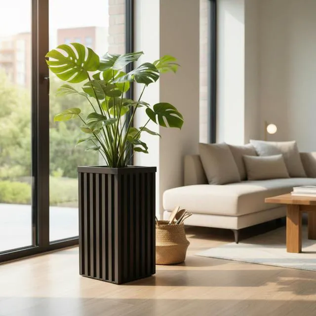 Alt view image 3 of 7 - Hassyee Square Grove Column Planter with Internal Tray and Wood-Like Surface for Backyard, Lawn, Outdoor Flower Pot with Lightweight Aluminum Frame for Growing Flowers, Plants (Dark Brown)
