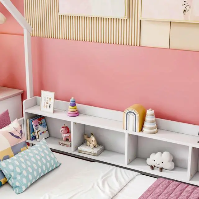 Alt view image 6 of 7 - Twin/Full Size House Floor Bed with Storage Shelves, Built-in LED Lights & Charging Station, Cabin Bed with Roof Design and Safety Guardrails for Boys Girls Bedroom Guest Playroom (White Twin)