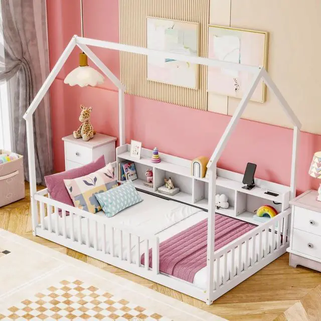 Alt view image 5 of 7 - Twin/Full Size House Floor Bed with Storage Shelves, Built-in LED Lights & Charging Station, Cabin Bed with Roof Design and Safety Guardrails for Boys Girls Bedroom Guest Playroom (White Twin)