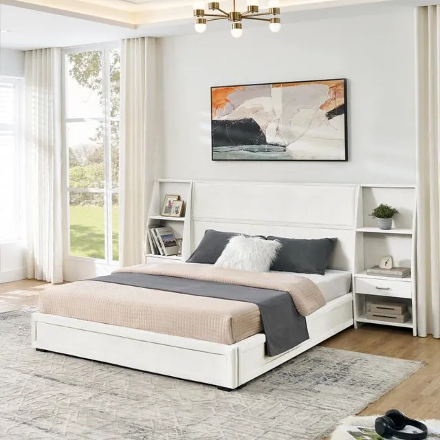 Main image of Hassyee Queen Size Modern Platform Bed Frame, Panel Bedframe Mattress Base with Side Bookcases & Drawer, Storage Bed with Velvet Headboard for Master Bedroom Guest Room Apartment (Beige Queen)