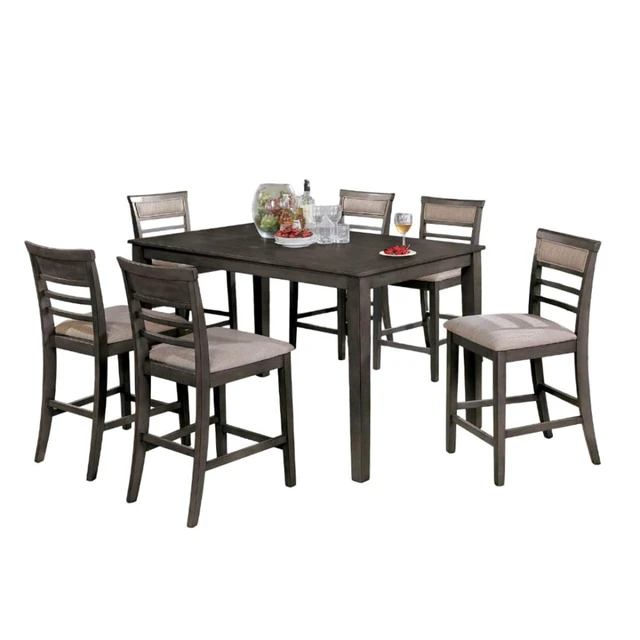 Alt view image 2 of 7 - Hassyee 7-Piece Rectangular Kitchen Set with Counter-Height Table and 6 Ladder Back Chairs for Dining Room, Vintage Dining Table and Chairs Set with Solid Wood Frame for Home Restaurant