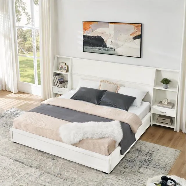 Alt view image 2 of 7 - Hassyee King Size Modern Storage Platform Bed Frame, Panel Bed Mattress Foundation with Velvet Bookcases Headboard and Slat Support for Guest Room Apartment Bedroom, No Box Spring Needed (Beige King)