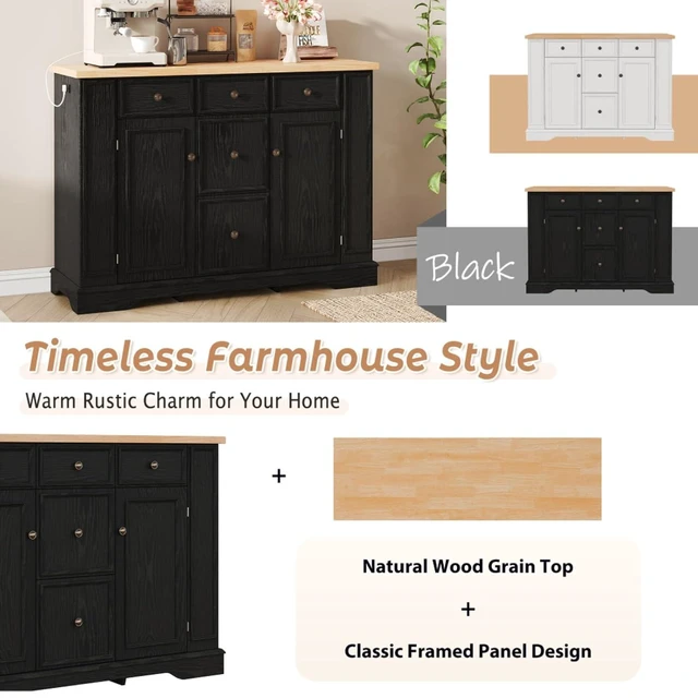 Alt view image 7 of 7 - Hassyee Fixed Kitchen Island with Storage Space, Kitchen Console Table with 5 Drawers, 2 Cabinets, Adjustable Shelves, Buffet Server for Dining Room, Living Room, Entryway (Black)