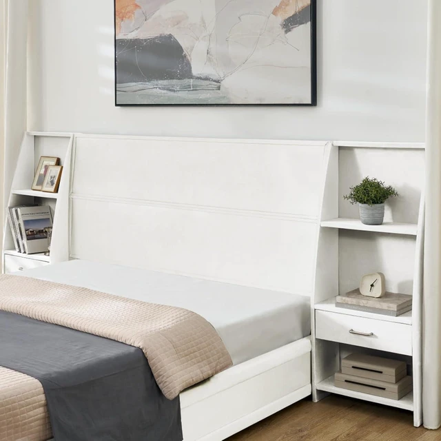 Alt view image 4 of 7 - Hassyee Queen Size Modern Platform Bed Frame, Panel Bedframe Mattress Base with Side Bookcases & Drawer, Storage Bed with Velvet Headboard for Master Bedroom Guest Room Apartment (Beige Queen)