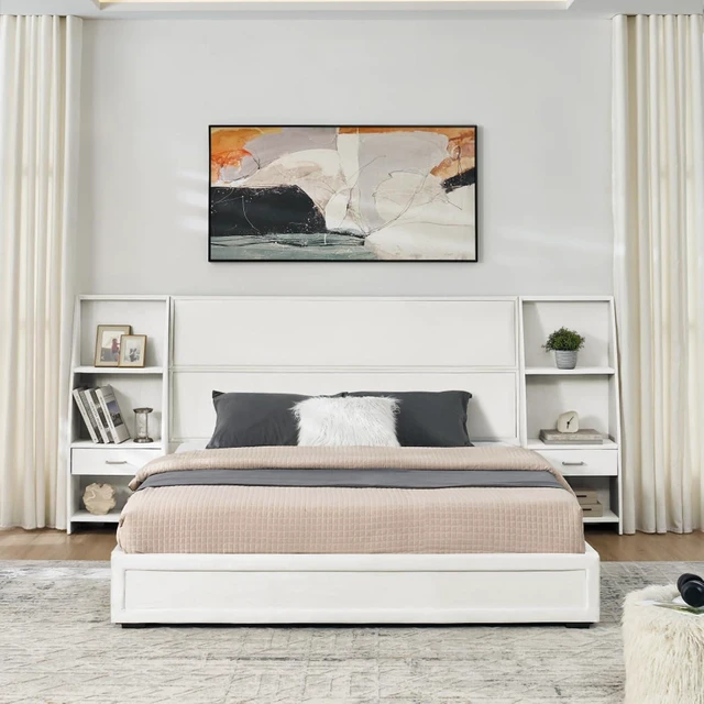 Alt view image 3 of 7 - Hassyee Queen Size Modern Platform Bed Frame, Panel Bedframe Mattress Base with Side Bookcases & Drawer, Storage Bed with Velvet Headboard for Master Bedroom Guest Room Apartment (Beige Queen)