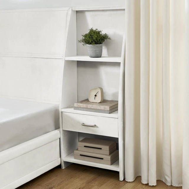 Alt view image 5 of 7 - Hassyee King Size Modern Storage Platform Bed Frame, Panel Bed Mattress Foundation with Velvet Bookcases Headboard and Slat Support for Guest Room Apartment Bedroom, No Box Spring Needed (Beige King)