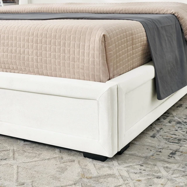 Alt view image 7 of 7 - Hassyee King Size Modern Storage Platform Bed Frame, Panel Bed Mattress Foundation with Velvet Bookcases Headboard and Slat Support for Guest Room Apartment Bedroom, No Box Spring Needed (Beige King)