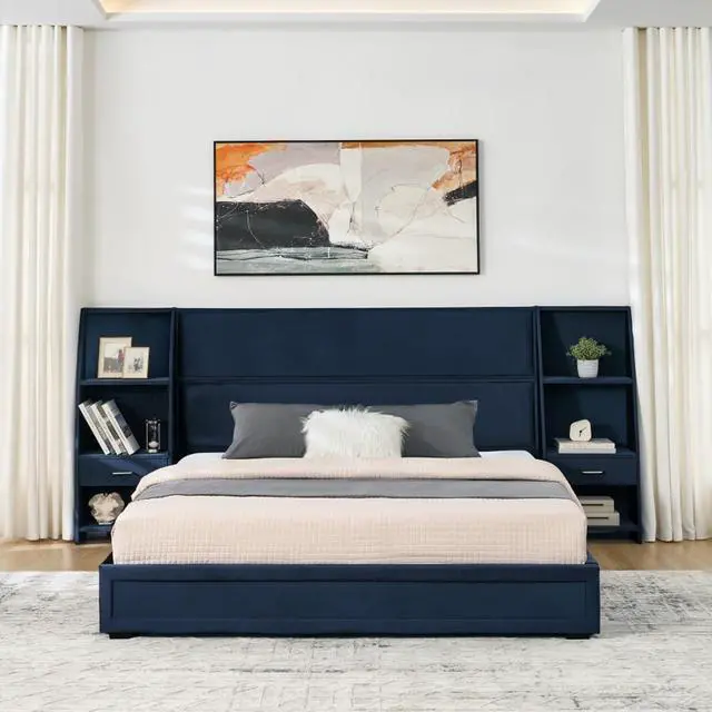 Alt view image 3 of 7 - Hassyee Queen Size Modern Platform Bed Frame, Panel Bedframe Mattress Base with Side Bookcases & Drawer, Storage Bed with Velvet Headboard for Master Bedroom Guest Room Apartment (Dark Blue Queen)