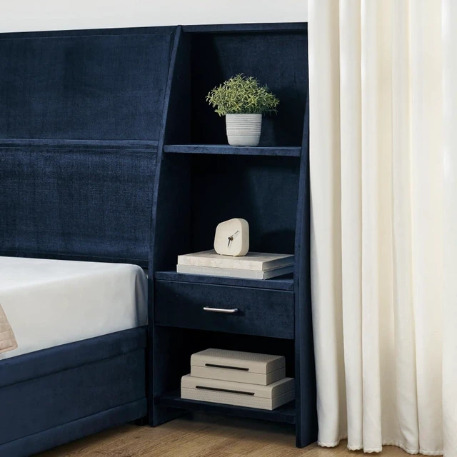 Alt view image 5 of 7 - Hassyee Queen Size Modern Platform Bed Frame, Panel Bedframe Mattress Base with Side Bookcases & Drawer, Storage Bed with Velvet Headboard for Master Bedroom Guest Room Apartment (Dark Blue Queen)