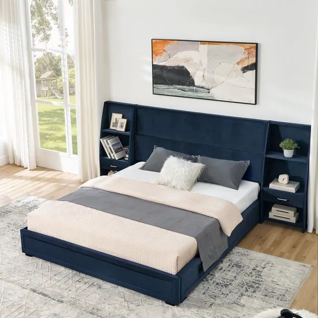 Alt view image 2 of 7 - Hassyee Queen Size Modern Platform Bed Frame, Panel Bedframe Mattress Base with Side Bookcases & Drawer, Storage Bed with Velvet Headboard for Master Bedroom Guest Room Apartment (Dark Blue Queen)