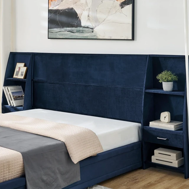 Alt view image 4 of 7 - Hassyee Queen Size Modern Platform Bed Frame, Panel Bedframe Mattress Base with Side Bookcases & Drawer, Storage Bed with Velvet Headboard for Master Bedroom Guest Room Apartment (Dark Blue Queen)