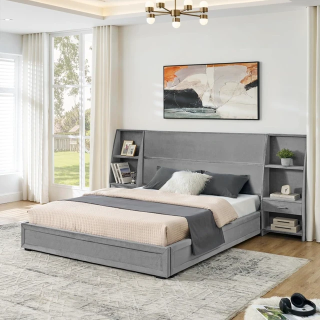 Main image of Hassyee Queen Size Modern Platform Bed Frame, Panel Bedframe Mattress Base with Side Bookcases & Drawer, Storage Bed with Velvet Headboard for Master Bedroom Guest Room Apartment (Gray Queen)