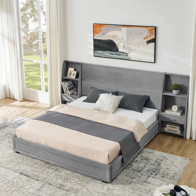 Alt view image 2 of 7 - Hassyee Queen Size Modern Platform Bed Frame, Panel Bedframe Mattress Base with Side Bookcases & Drawer, Storage Bed with Velvet Headboard for Master Bedroom Guest Room Apartment (Gray Queen)