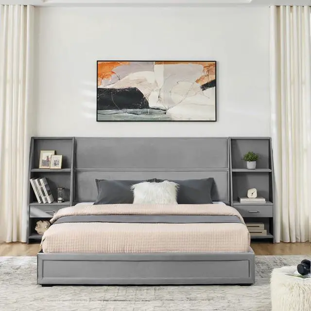 Alt view image 3 of 7 - Hassyee Queen Size Modern Platform Bed Frame, Panel Bedframe Mattress Base with Side Bookcases & Drawer, Storage Bed with Velvet Headboard for Master Bedroom Guest Room Apartment (Gray Queen)