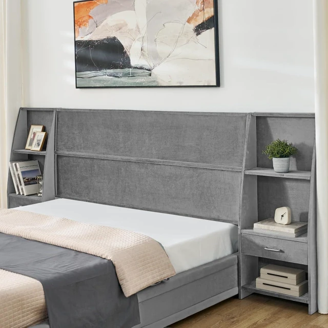 Alt view image 4 of 7 - Hassyee Queen Size Modern Platform Bed Frame, Panel Bedframe Mattress Base with Side Bookcases & Drawer, Storage Bed with Velvet Headboard for Master Bedroom Guest Room Apartment (Gray Queen)