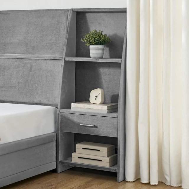 Alt view image 5 of 7 - Hassyee King Size Modern Storage Platform Bed Frame, Panel Bed Mattress Foundation with Velvet Bookcases Headboard and Slat Support for Guest Room Apartment Bedroom, No Box Spring Needed (Gray King)