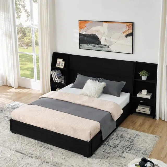 Alt view image 2 of 7 - Hassyee Queen Size Modern Platform Bed Frame, Panel Bedframe Mattress Base with Side Bookcases & Drawer, Storage Bed with Velvet Headboard for Master Bedroom Guest Room Apartment (Black Queen)