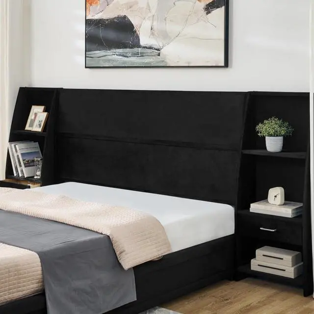 Alt view image 4 of 7 - Hassyee Queen Size Modern Platform Bed Frame, Panel Bedframe Mattress Base with Side Bookcases & Drawer, Storage Bed with Velvet Headboard for Master Bedroom Guest Room Apartment (Black Queen)
