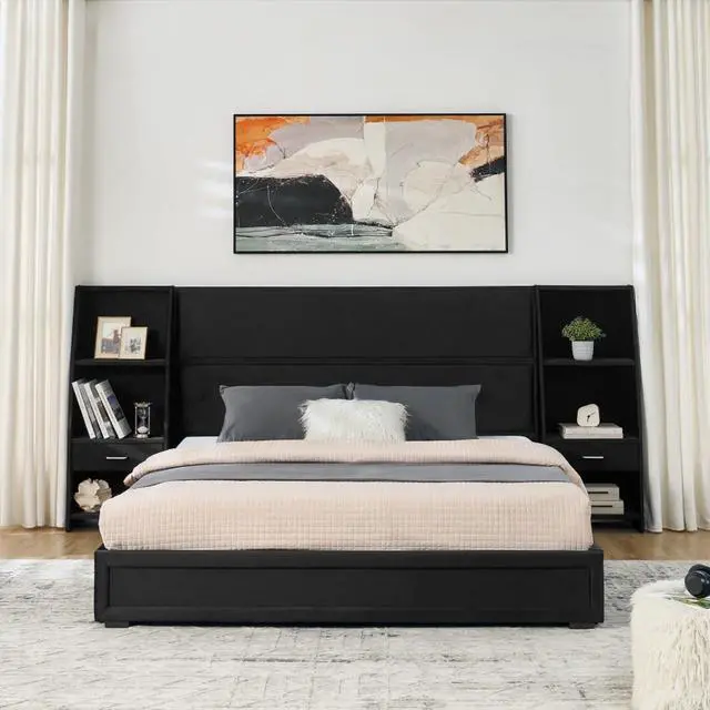 Alt view image 3 of 7 - Hassyee Queen Size Modern Platform Bed Frame, Panel Bedframe Mattress Base with Side Bookcases & Drawer, Storage Bed with Velvet Headboard for Master Bedroom Guest Room Apartment (Black Queen)