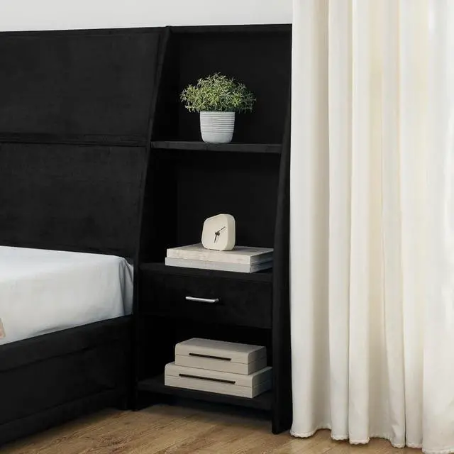 Alt view image 5 of 7 - Hassyee Queen Size Modern Platform Bed Frame, Panel Bedframe Mattress Base with Side Bookcases & Drawer, Storage Bed with Velvet Headboard for Master Bedroom Guest Room Apartment (Black Queen)