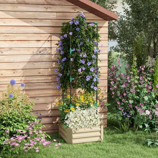 Main image of Hassyee Galvanized Raised Garden Bed with Trellis and Open Bottom Design for Growing Flowers, Plants, Outdoor Metal Planter Box with Flat Edging Design for Backyard, Park, Lawn
