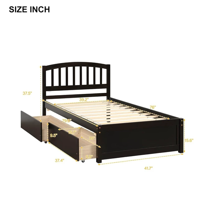 Alt view image 2 of 7 - Hassyee Twin Size Wooden Platform Bed Frame with Headboard, Storage Bed with 2 Drawers, Mattress Base with Slats Support for Master Bedroom Guest Room, No Box Spring Needed (Espresso Twin)