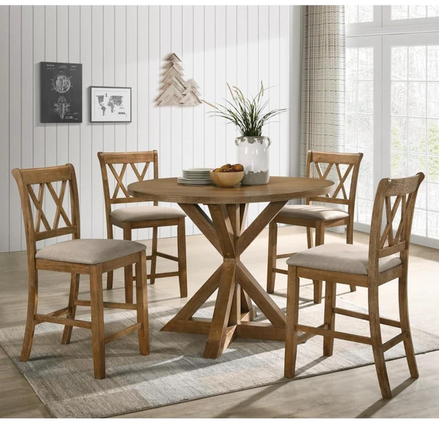 Main image of Hassyee 5-Piece Solid Wood Dinner Table Set with Round Table and 4 X-Back Chairs for 4, Farmhouse Kitchen Set with Beautiful Cross-Buck Pedestal Base for Family Gatherings