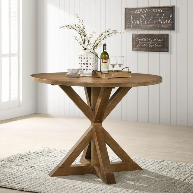 Alt view image 2 of 7 - Hassyee 5-Piece Solid Wood Dinner Table Set with Round Table and 4 X-Back Chairs for 4, Farmhouse Kitchen Set with Beautiful Cross-Buck Pedestal Base for Family Gatherings