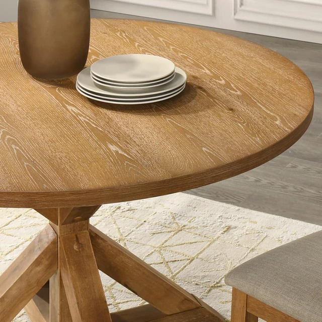 Alt view image 4 of 7 - Hassyee 5-Piece Solid Wood Dinner Table Set with Round Table and 4 X-Back Chairs for 4, Farmhouse Kitchen Set with Beautiful Cross-Buck Pedestal Base for Family Gatherings