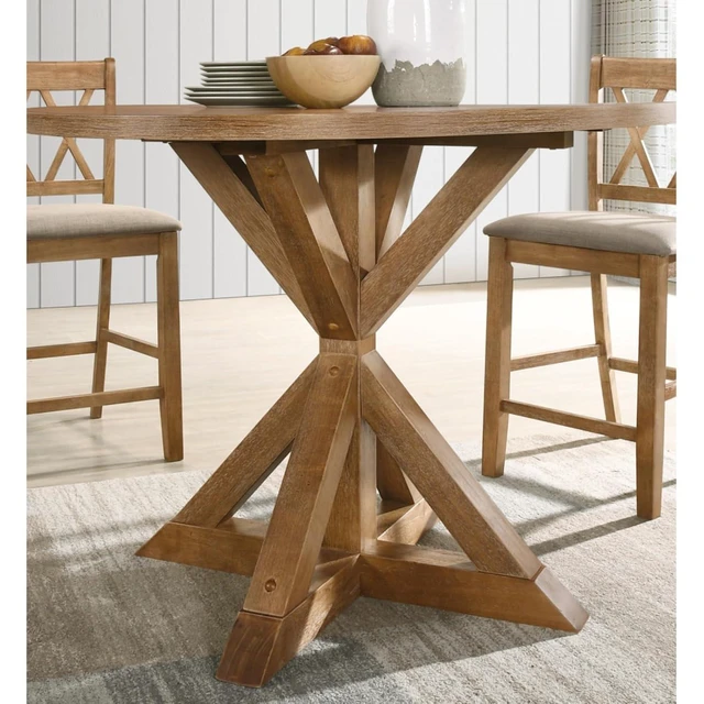 Alt view image 3 of 7 - Hassyee 5-Piece Solid Wood Dinner Table Set with Round Table and 4 X-Back Chairs for 4, Farmhouse Kitchen Set with Beautiful Cross-Buck Pedestal Base for Family Gatherings