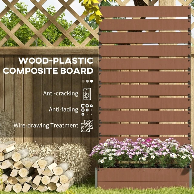 Alt view image 5 of 7 - Hassyee Light Brown Raised Garden Bed with Trellis and Bottom Drainage Gap for Growing Flowers, Plants, Outdoor Planter Box with Wood-Plastic Board for Backyard, Park, Lawn