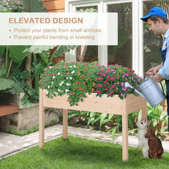 Alt view image 5 of 7 - Hassyee Raised Garden Bed with Legs and Bed Liner for Backyard, Park, Outdoor Wooden Planter Box with Drainage Holes and Elevated Design for Growing Vegetables, Flowers