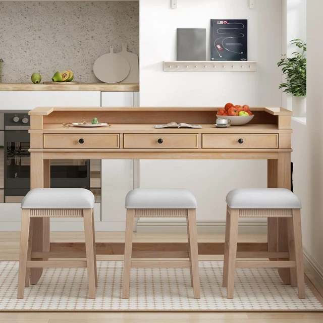 Alt view image 2 of 7 - Hassyee 4-Piece Rectangular Dining Table Set with 3 Storage Drawers and 3 Padded Stools for Bar Cafe, Retro Kitchen Table Set with USB Port and Power Strip for Dining Room (Natural)