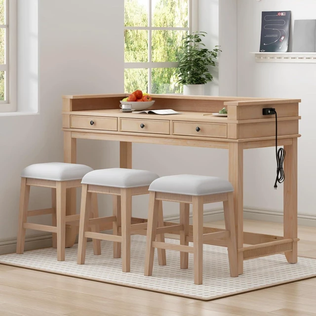 Alt view image 3 of 7 - Hassyee 4-Piece Rectangular Dining Table Set with 3 Storage Drawers and 3 Padded Stools for Bar Cafe, Retro Kitchen Table Set with USB Port and Power Strip for Dining Room (Natural)