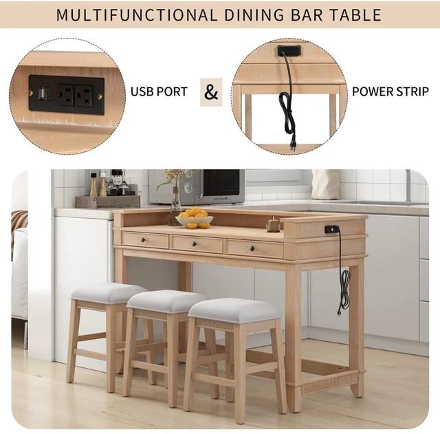 Alt view image 7 of 7 - Hassyee 4-Piece Rectangular Dining Table Set with 3 Storage Drawers and 3 Padded Stools for Bar Cafe, Retro Kitchen Table Set with USB Port and Power Strip for Dining Room (Natural)