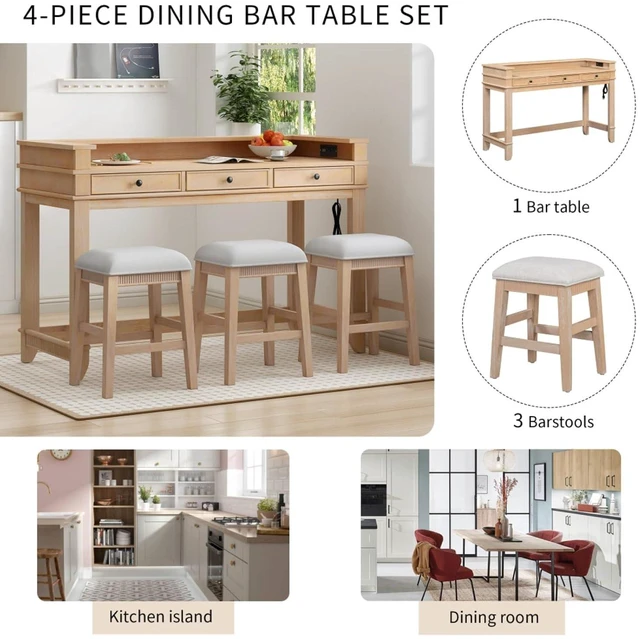 Alt view image 6 of 7 - Hassyee 4-Piece Rectangular Dining Table Set with 3 Storage Drawers and 3 Padded Stools for Bar Cafe, Retro Kitchen Table Set with USB Port and Power Strip for Dining Room (Natural)