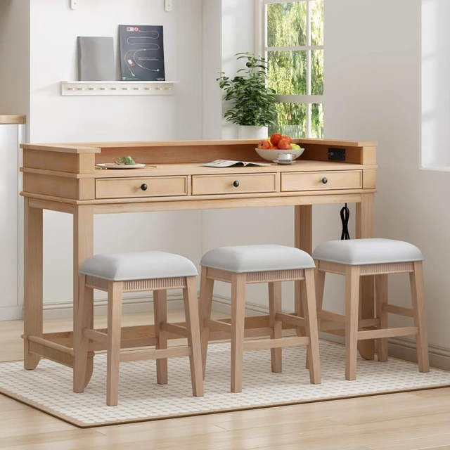 Alt view image 4 of 7 - Hassyee 4-Piece Rectangular Dining Table Set with 3 Storage Drawers and 3 Padded Stools for Bar Cafe, Retro Kitchen Table Set with USB Port and Power Strip for Dining Room (Natural)