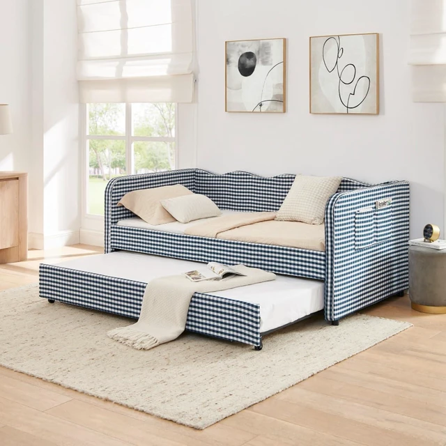 Main image of Hassyee Twin Size Upholstered Daybed, Convertible Captain's Bed with PullOut Trundle & Side Storage Pockets, Platform Beds for Multiple Room Layouts and SmallSpace Living (Dark Blue Twin)