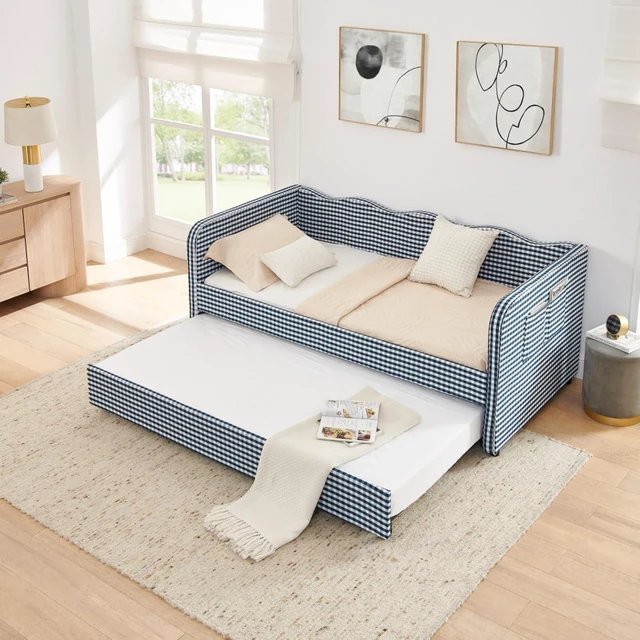 Alt view image 2 of 5 - Hassyee Twin Size Upholstered Daybed, Convertible Captain's Bed with PullOut Trundle & Side Storage Pockets, Platform Beds for Multiple Room Layouts and SmallSpace Living (Dark Blue Twin)