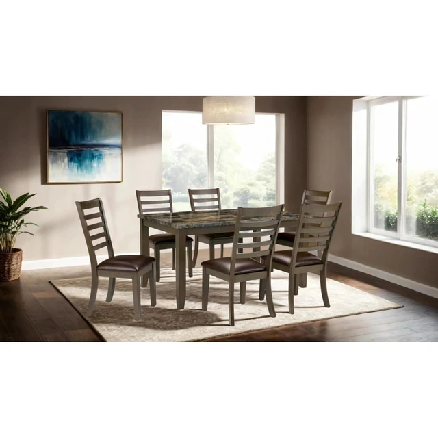Alt view image 2 of 7 - Hassyee 7-Piece Vintage Kitchen Table Set with Faux Marble Tabletop and 6 Ladder Back Chairs for Small Places, Rectangular Dining Sets with Wood Frame for Dining Room and Kitchen