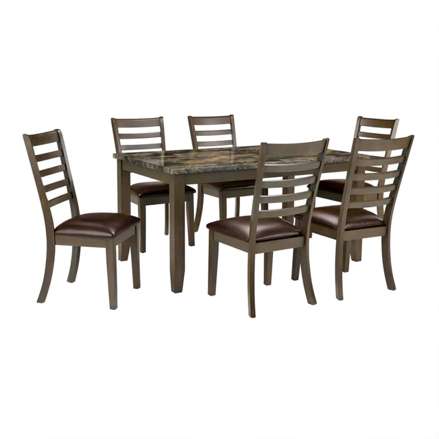 Main image of Hassyee 7-Piece Vintage Kitchen Table Set with Faux Marble Tabletop and 6 Ladder Back Chairs for Small Places, Rectangular Dining Sets with Wood Frame for Dining Room and Kitchen