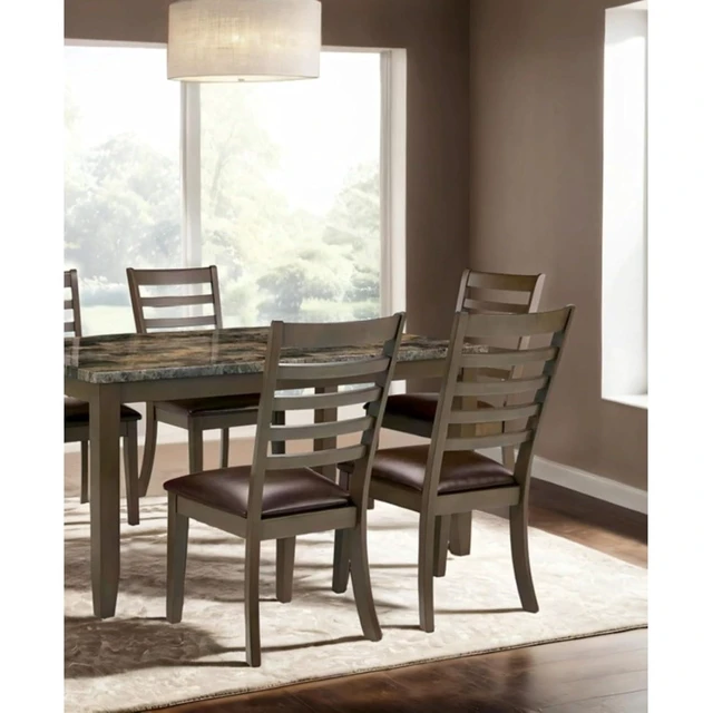 Alt view image 4 of 7 - Hassyee 7-Piece Vintage Kitchen Table Set with Faux Marble Tabletop and 6 Ladder Back Chairs for Small Places, Rectangular Dining Sets with Wood Frame for Dining Room and Kitchen