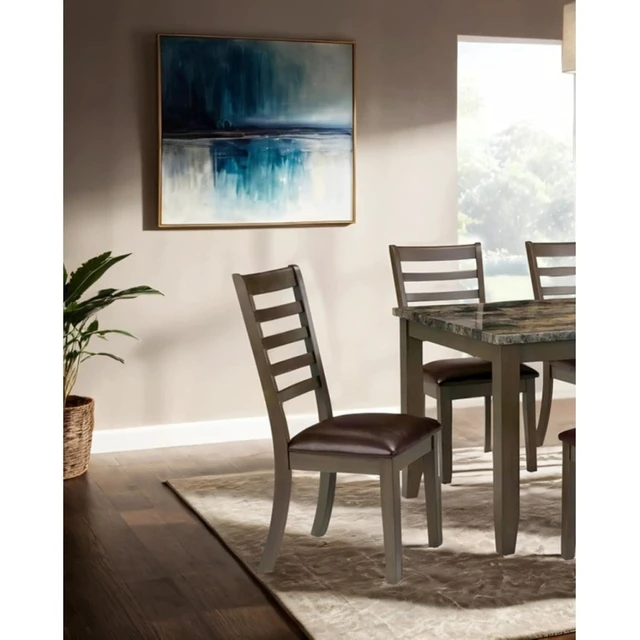 Alt view image 3 of 7 - Hassyee 7-Piece Vintage Kitchen Table Set with Faux Marble Tabletop and 6 Ladder Back Chairs for Small Places, Rectangular Dining Sets with Wood Frame for Dining Room and Kitchen