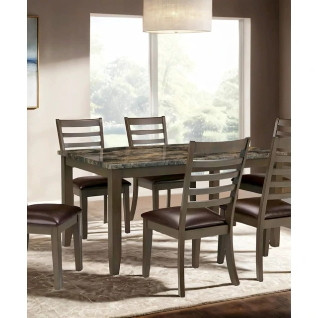Alt view image 5 of 7 - Hassyee 7-Piece Vintage Kitchen Table Set with Faux Marble Tabletop and 6 Ladder Back Chairs for Small Places, Rectangular Dining Sets with Wood Frame for Dining Room and Kitchen