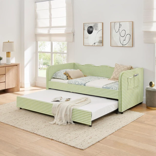 Main image of Hassyee Twin Size Upholstered Daybed, Convertible Captain's Bed with PullOut Trundle & Side Storage Pockets, Platform Beds for Multiple Room Layouts and SmallSpace Living (Green Twin)