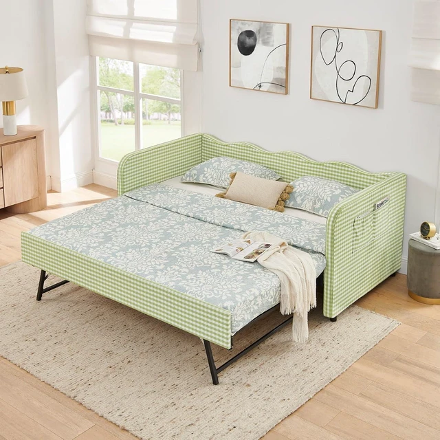Alt view image 6 of 7 - Hassyee Twin Size Upholstered Daybed, Convertible Captain's Bed with PullOut Trundle & Side Storage Pockets, Platform Beds for Multiple Room Layouts and SmallSpace Living (Green Twin)