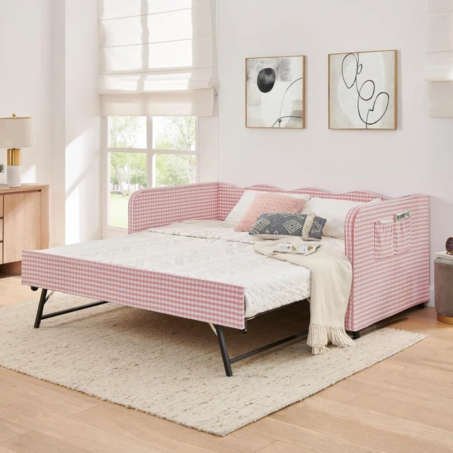 Alt view image 3 of 7 - Hassyee Twin Size Upholstered Daybed, Convertible Captain's Bed with PullOut Trundle & Side Storage Pockets, Platform Beds for Multiple Room Layouts and SmallSpace Living (Pink Twin)