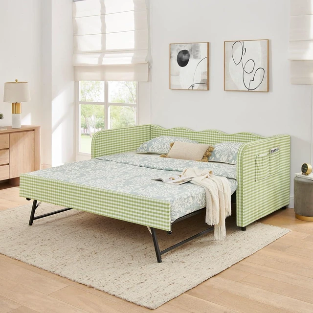 Alt view image 7 of 7 - Hassyee Twin Size Upholstered Daybed, Convertible Captain's Bed with PullOut Trundle & Side Storage Pockets, Platform Beds for Multiple Room Layouts and SmallSpace Living (Green Twin)