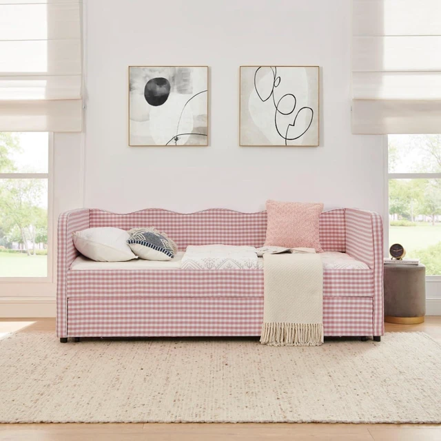 Alt view image 4 of 7 - Hassyee Twin Size Upholstered Daybed, Convertible Captain's Bed with PullOut Trundle & Side Storage Pockets, Platform Beds for Multiple Room Layouts and SmallSpace Living (Pink Twin)